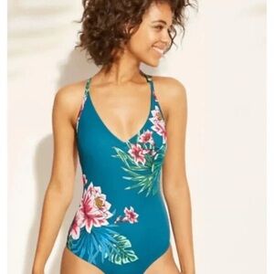Women's V-Neckline One Piece Swimsuit - Kona Sol™ Blue Tropical S